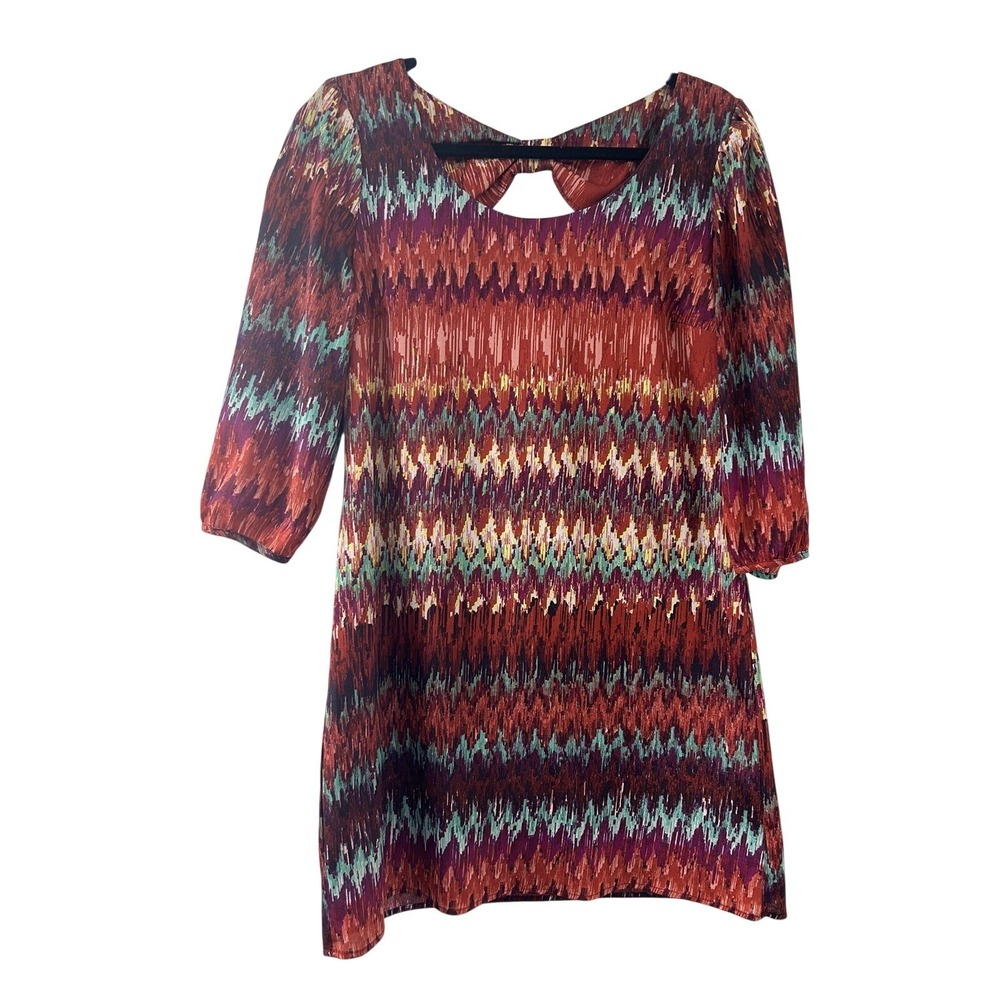 Lily Rose Rust Mint Ikat Zigzag Shift Dress Bow Back Keyhole 3/4 Sleeve Size M